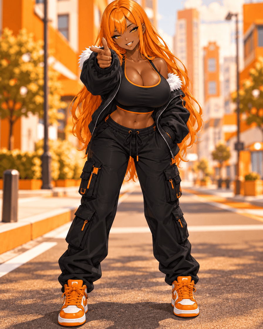 Titga on a sunny street, winking and pointing a finger gun