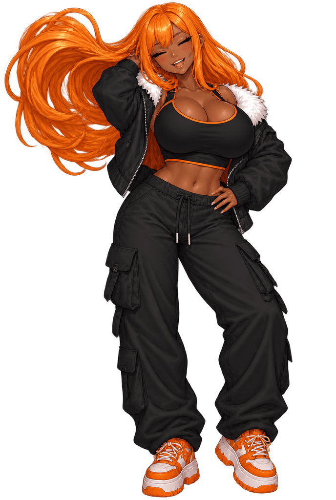 Titga mid hair flip with long orange hair swinging, grinning