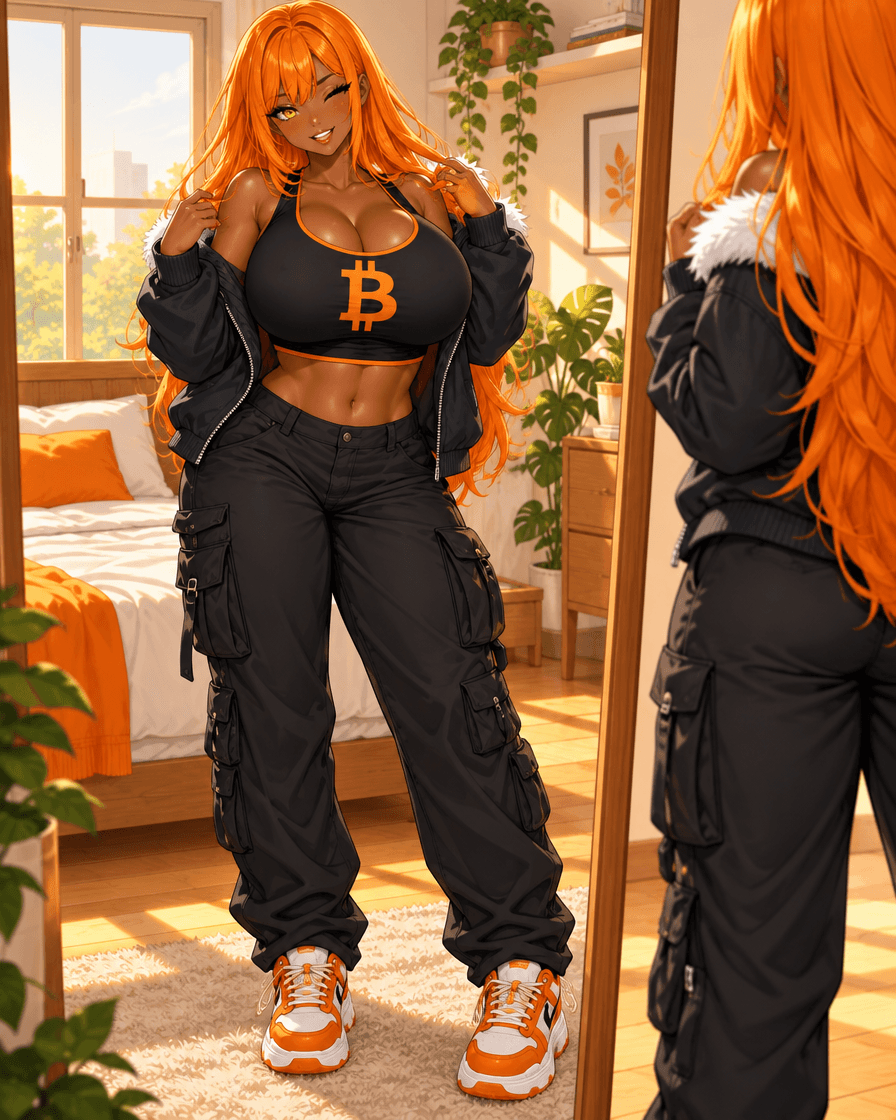 Titga winking at a tall mirror in a sunny bedroom